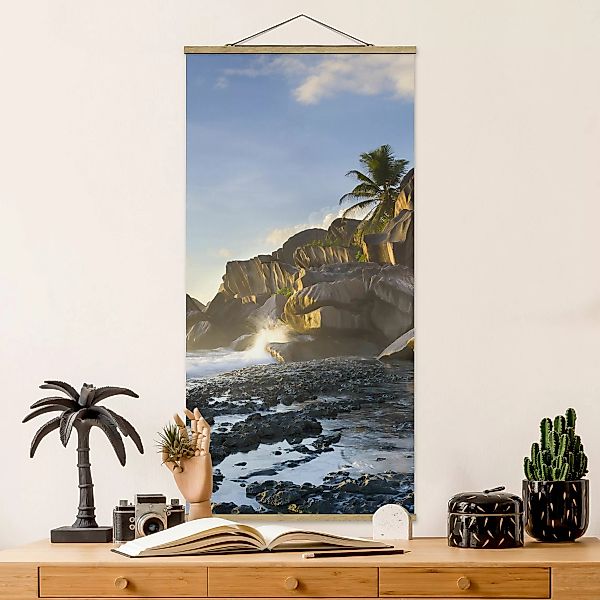 Stoffbild Strand mit Posterleisten - Hochformat Sonnenuntergang im Inselpar günstig online kaufen