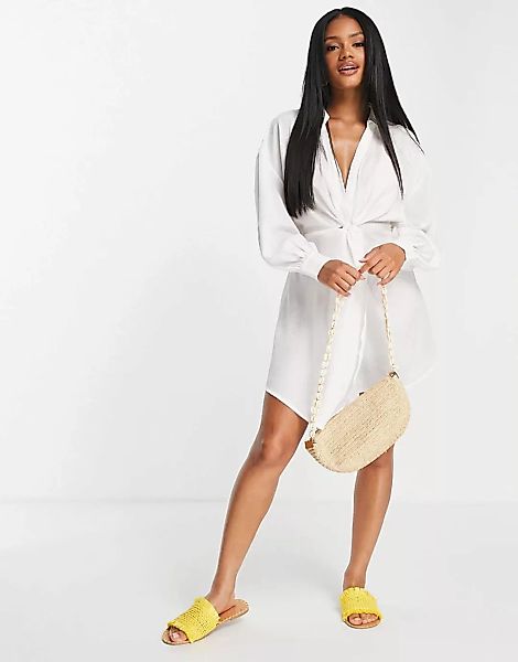 ASOS DESIGN – Mini-Strandkleid in Weiß mit Jacquarddesign und Zierknoten günstig online kaufen