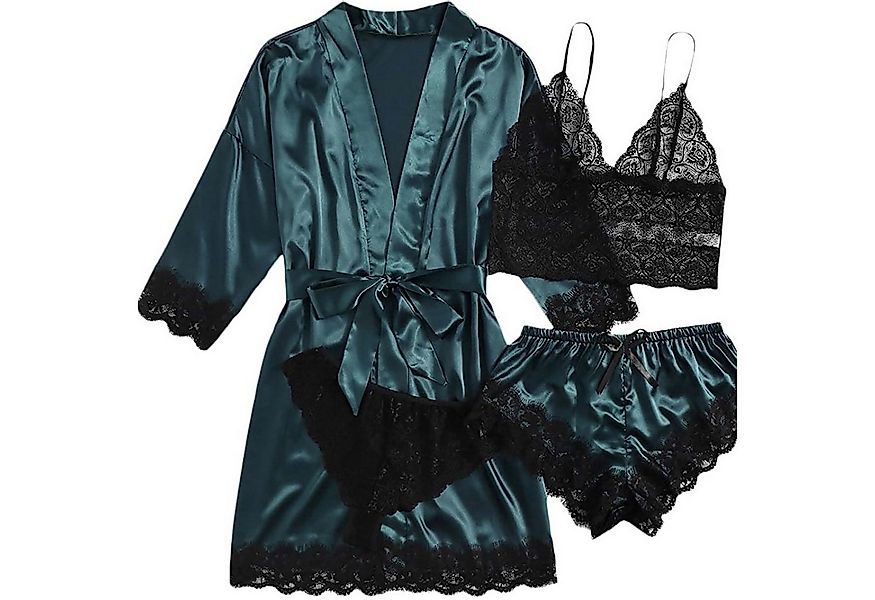 Refttenw Pyjama Damen Pyjama Sexy Satin Spitzen Schlafanzug Set mit Bademan günstig online kaufen