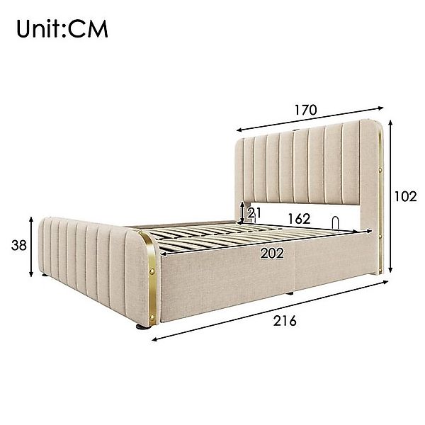 HAUSS SPOLE Polsterbett 160x200 cm, Hydraulisches Bett mit goldenen Zierstr günstig online kaufen
