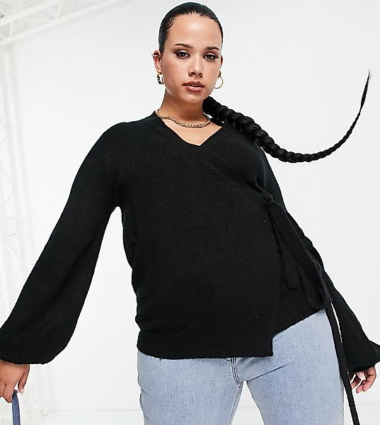 ASOS DESIGN Curve – Strickjacke in Schwarz mit Wickeldesign an der Taille u günstig online kaufen