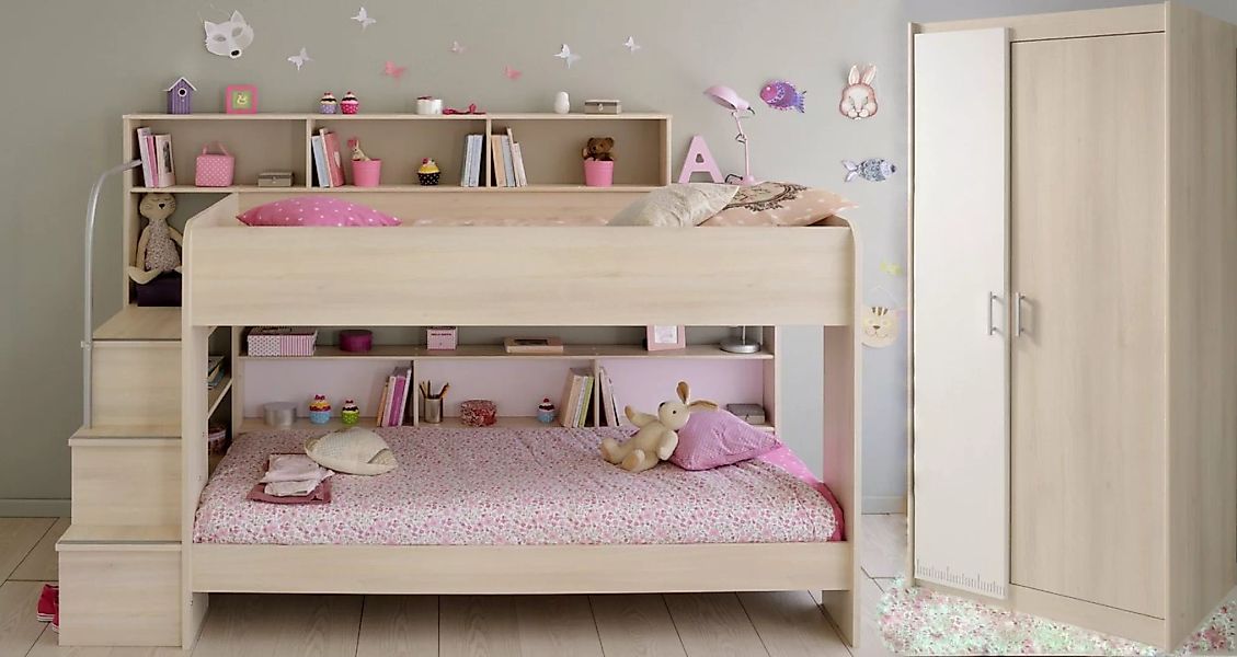 Faizee Möbel Hochbett Kinderbett Bibop Parisot +2-trg Kleiderschrank+Regale günstig online kaufen