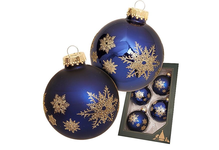 Krebs Glas Lauscha Weihnachtsbaumkugel Glaskugel 4er Set - Blau mit goldene günstig online kaufen
