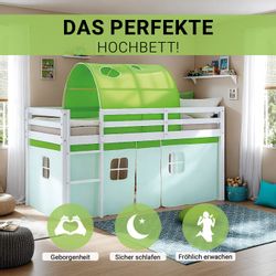 Homestyle4u Kinder Hochbett 90x200 mit Matratze Tunnel Vorhang Grün Kinderb günstig online kaufen