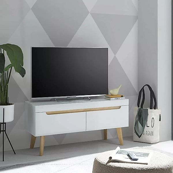 Wohnzimmer TV-Lowboard, 107cm, in Weiß Matt mit Eiche STOCKTON-61 günstig online kaufen