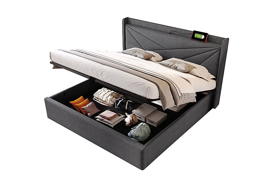 Flieks Polsterbett, Massivholz Stauraumbett mit USB/Typ-C Ladeanschluss 180 günstig online kaufen