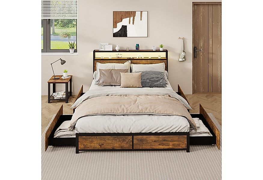 COSTWAY Bettgestell, mit LED Beleuchtung, Ladestation & 4 Schubladen, 160x2 günstig online kaufen