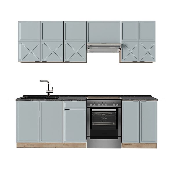 Vicco Fame-Line Küchenzeile Hellblau-grau/Goldkraft Eiche 240 cm AP Anthraz günstig online kaufen