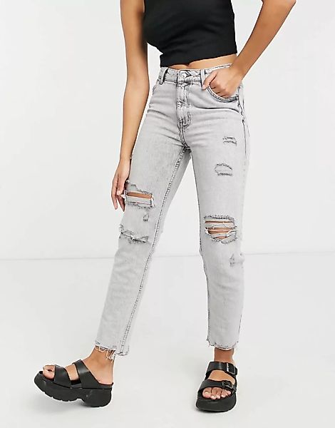Bershka – Schmale Jeans mit Saum in Used-Optik in verwaschenem Grau günstig online kaufen