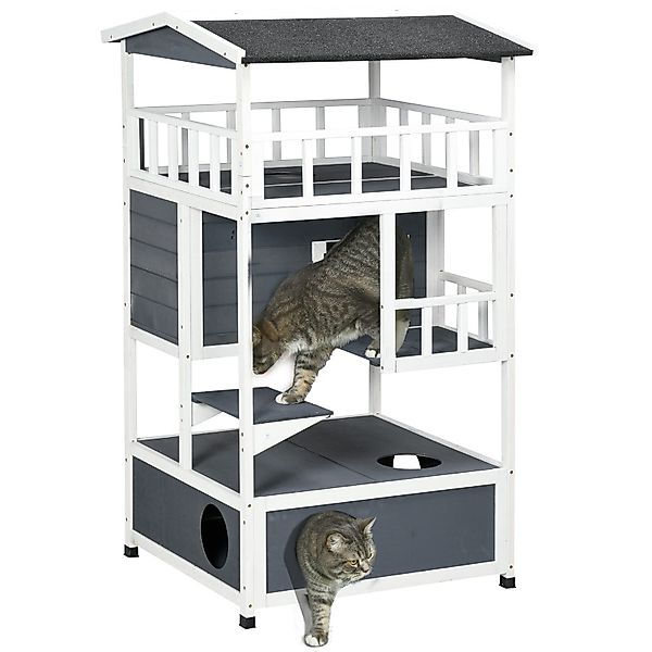 PawHut Tierhöhle Katzenvilla mit Treppe, Asphaltdach, günstig online kaufen