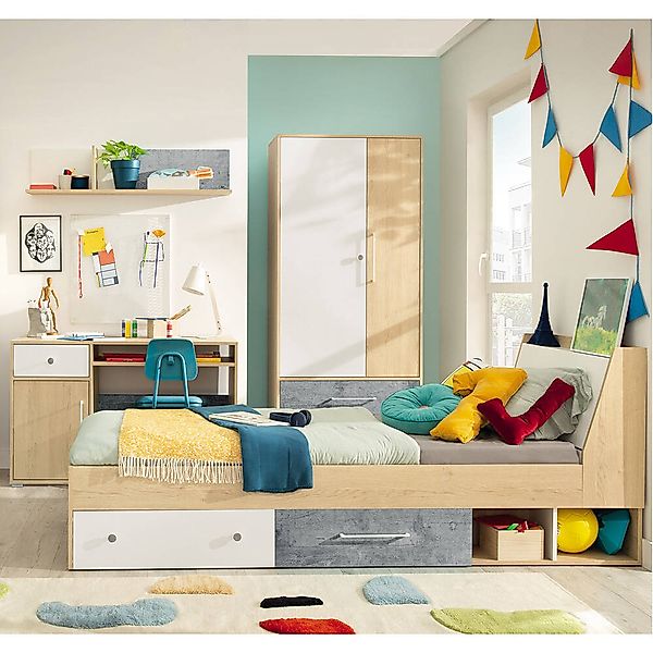 Jugendzimmer Set 4-teilig SPOKANE-133 mit Bett 90cm Eiche mit weiß und Beto günstig online kaufen