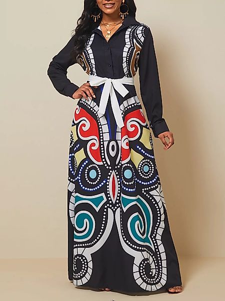 Vintage Ethnic Printed Revers Langarmgürtel Maxi Kleid günstig online kaufen