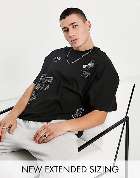 ASOS DESIGN – Oversize-T-Shirt in Schwarz mit verschiedenen Textprints günstig online kaufen