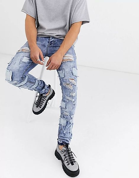 Sixth June – Enge blaue Jeans mit Rissen und Flicken günstig online kaufen