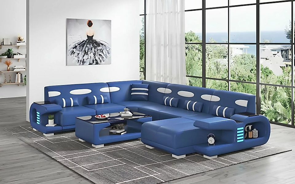 Xlmoebel Ecksofa Neue blaue Ledersofa-Wohnlandschaft in U-Form, extra große günstig online kaufen