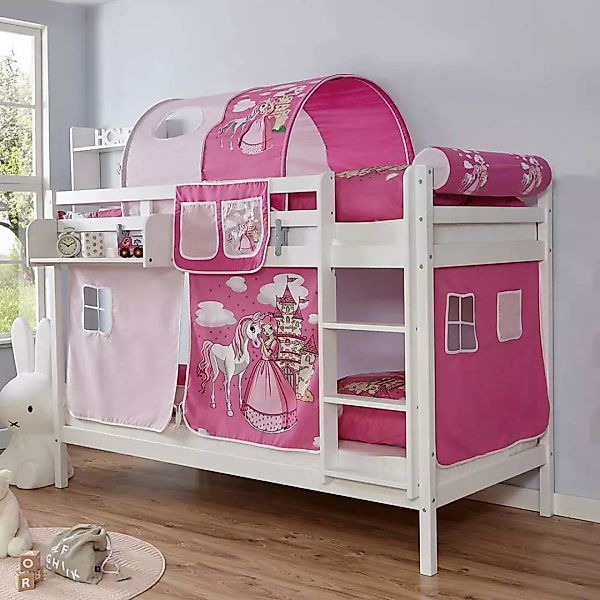 Etagenhochbett aus Buche Massivholz in Weiß Webstoff in Pink und Rosa günstig online kaufen
