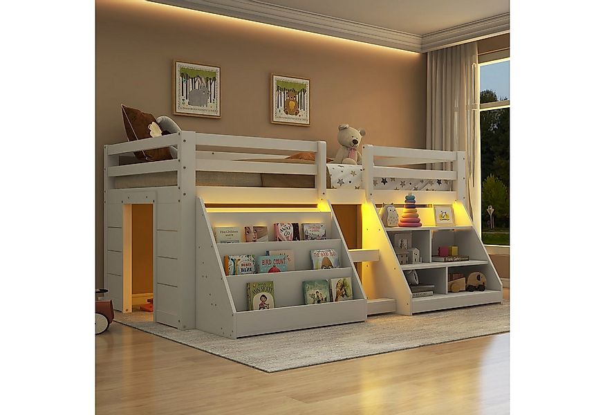 Flieks Hochbett Kinderbett Halbhochbett Holzbett 90x200cm mit 2 Stauraumreg günstig online kaufen