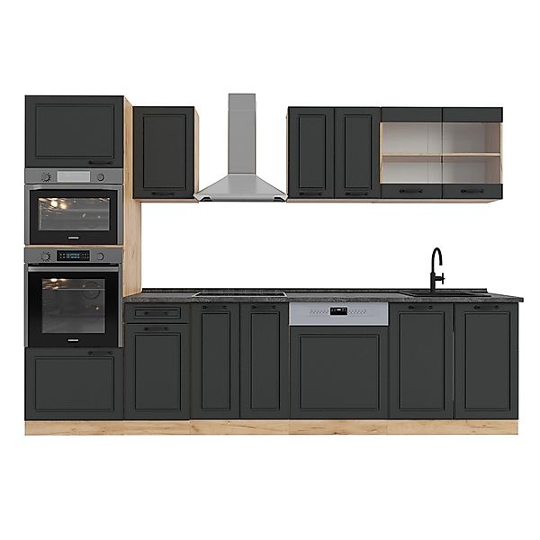 Vicco R-Line Küchenzeile Anthrazit Landhaus/Goldkraft Eiche 300 cm mit Hoch günstig online kaufen