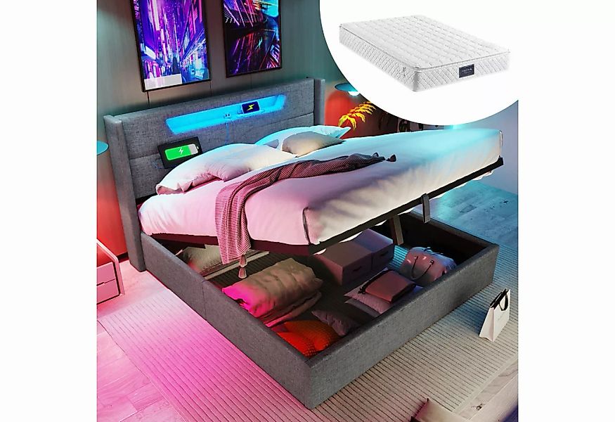 WISHDOR Polsterbett LED Jugendbett mit USB Typ C Ladefunktion, 140 x 200 cm günstig online kaufen
