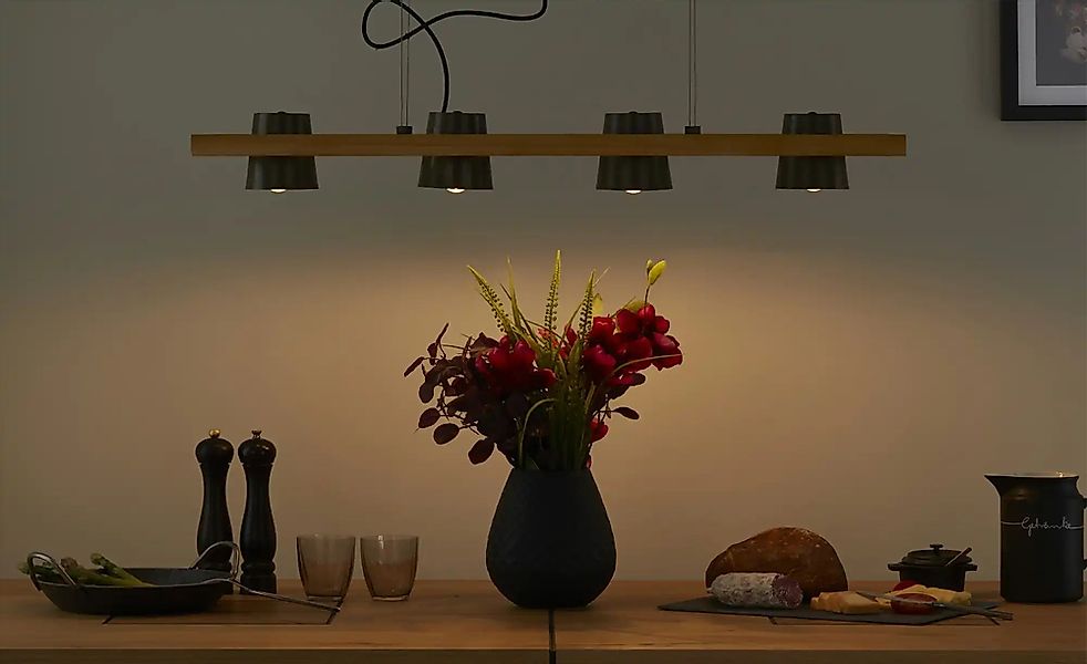 Trio Pendelleuchte  4-flammig  Nickel antik mit Pinienholz  Bell ¦ holzfarb günstig online kaufen