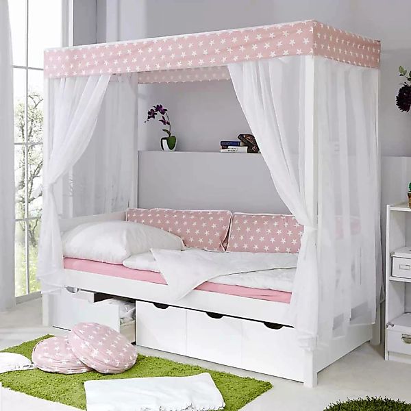 Mädchenbett mit Himmel und Schubladen Weiß Rosa günstig online kaufen