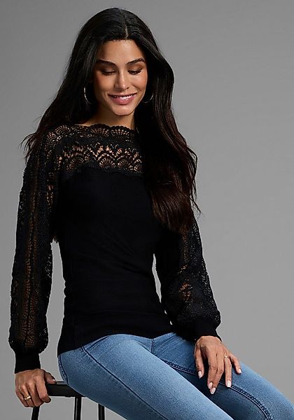 Bruno Banani Strickpullover mit Spitze auf Ärmel und Schulter günstig online kaufen