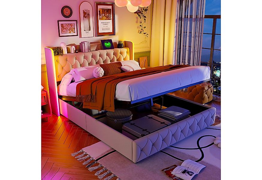 PXloue Polsterbett Doppelbett mit LED Licht 160x200cm,Hydraulisch anhebbare günstig online kaufen