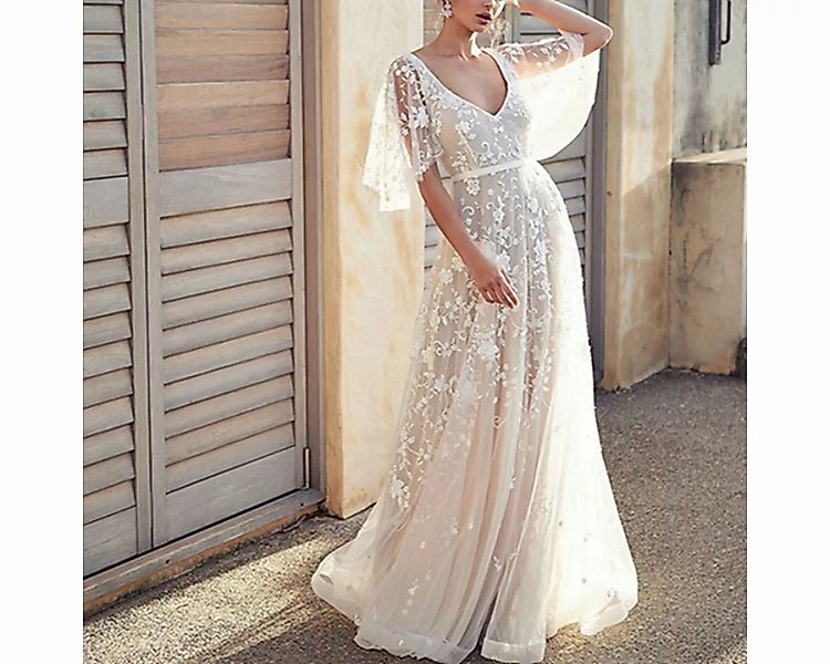 RUZU UG Abendkleid Damen rückenfreies Spitzenkleid V-Ausschnitt Brautkleid günstig online kaufen
