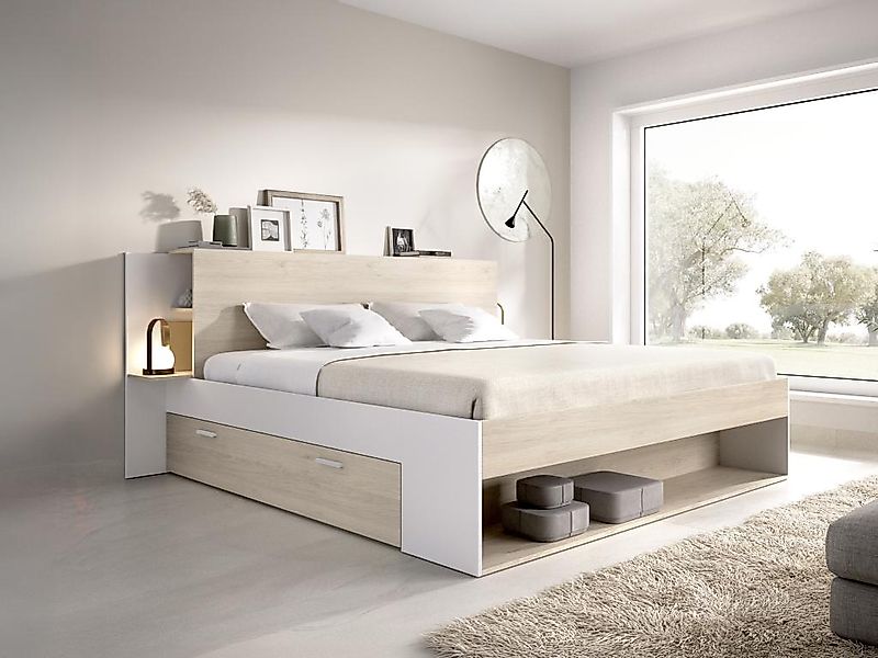 Bett mit Stauraum - 140 x 190 cm - Holzfarben & Weiß - KEROSIA günstig online kaufen