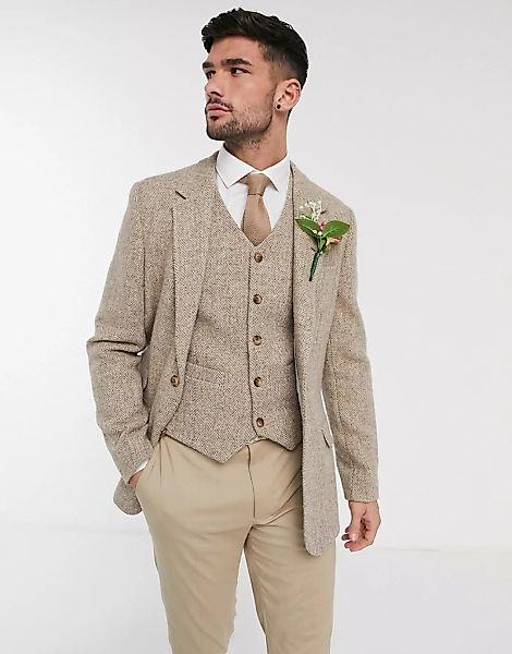 ASOS DESIGN Wedding – Schmaler Harris-Tweed-Blazer in Camel mit Fischgräten günstig online kaufen