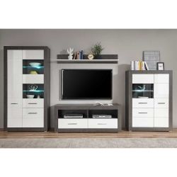 Wohnzimmerschrankwand in Weiß Hochglanz Beton Grau (vierteilig) günstig online kaufen