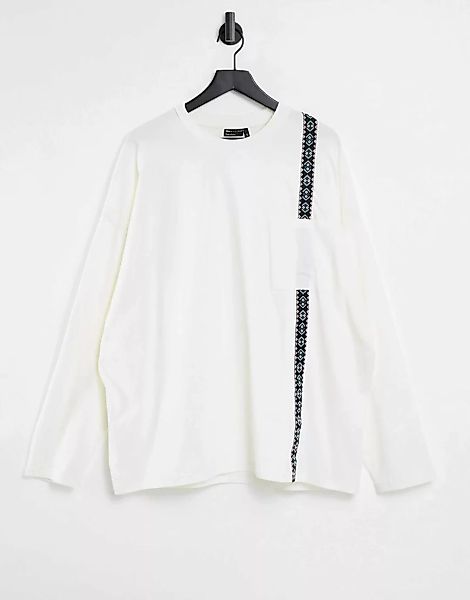 ASOS DESIGN – Langärmliges Oversize-Shirt in Weiß mit Tasche und Zierband günstig online kaufen