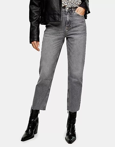 Topshop – Jeans mit ausgefranstem Saum und geradem Bein in Grau günstig online kaufen