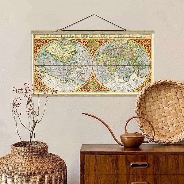 Stoffbild Karten mit Posterleisten - Querformat Historische Weltkarte Orbis günstig online kaufen