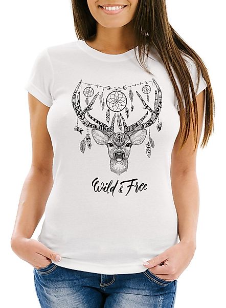 Neverless Print-Shirt Damen T-Shirt Hirsch Geweih günstig online kaufen