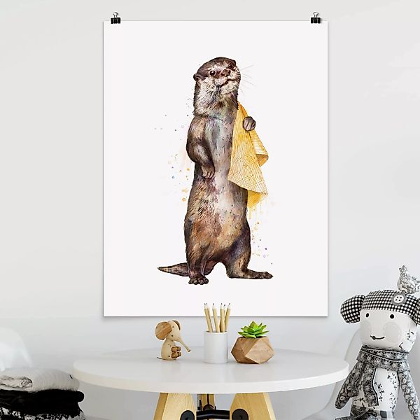 Poster - Hochformat Illustration Otter mit Handtuch Malerei Weiß günstig online kaufen