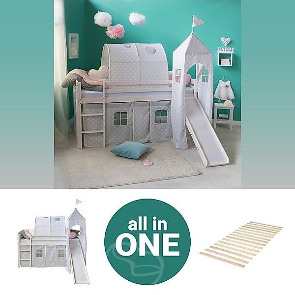 Homestyle4u Hochbett 90x200 Weiß mit Vorhang günstig online kaufen