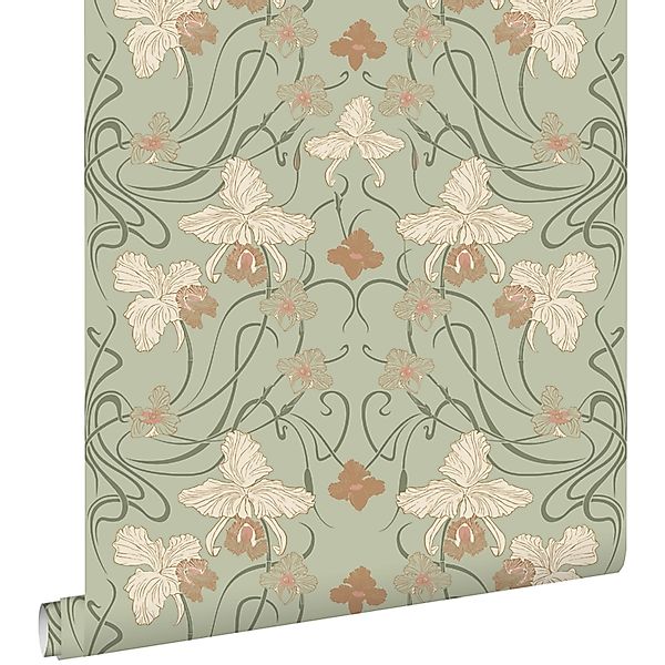 ESTAhome Tapete Blumenmuster im Jugendstil Graugrün und Terrakotta 53 cm x günstig online kaufen