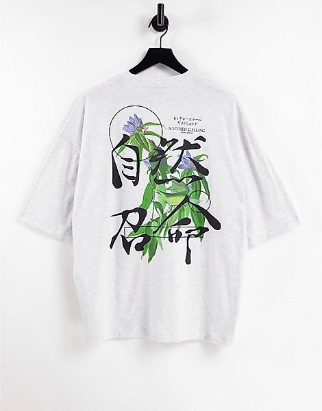 ASOS DESIGN – Oversize-T-Shirt aus Bio-Baumwollmix in Kalkgrau mit Vogel-Pr günstig online kaufen