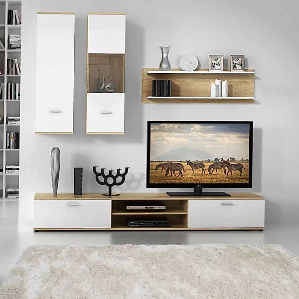 Design Wohnwand in Sonoma-Eiche und Weiß 190 cm breit (vierteilig) günstig online kaufen