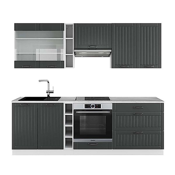 Vicco Fame-Line Küchenzeile Anthrazit Landhaus/Weiß 235 cm AP Marmor günstig online kaufen
