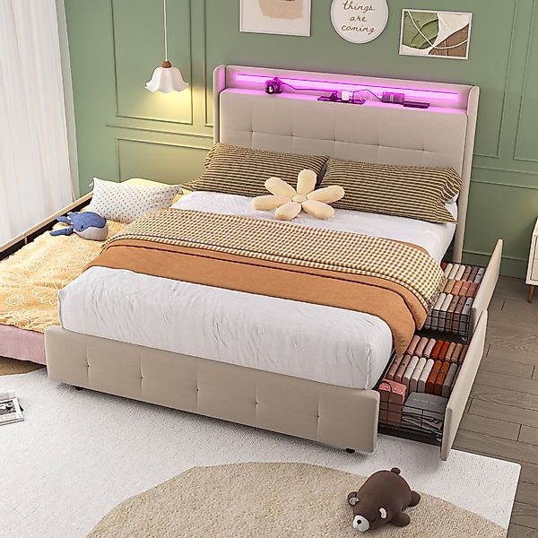 Doppelbett, 160x200 cm mit USB-Ladekopfteil, Ausziehbett, Polsterbett mit L günstig online kaufen