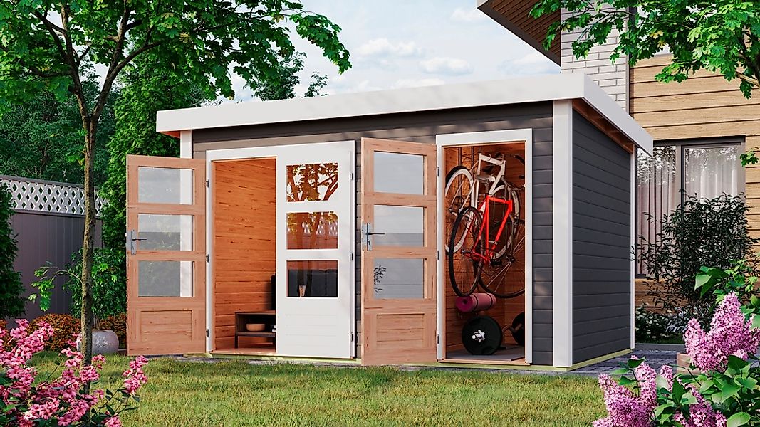 Karibu Gartenhaus "Schlönsee 1", terragrau, 38 mm Wandstärke günstig online kaufen
