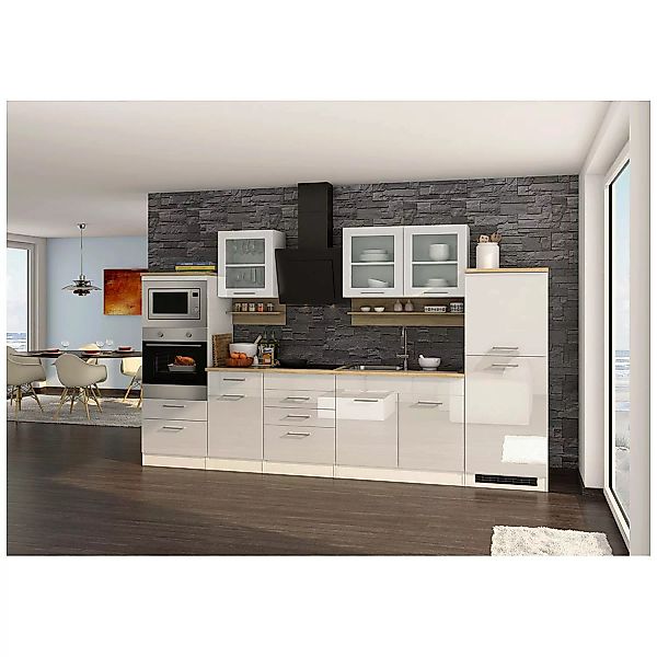 Küchenzeile 330 cm weiß MARANELLO-03 inkl. E-Geräte, Weiß Hochglanz, Design günstig online kaufen