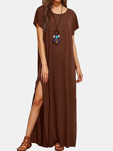 Einfarbig Kurzarm O-Ausschnitt Casual Slit Kleid Für Damen günstig online kaufen