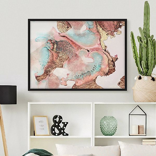 Bild mit Rahmen - Querformat Goldenes Aquarell Rosé günstig online kaufen