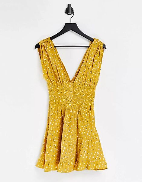 ASOS DESIGN – Gestuftes geblümtes Mini-Sommerkleid mit geraffter Taille, Kn günstig online kaufen