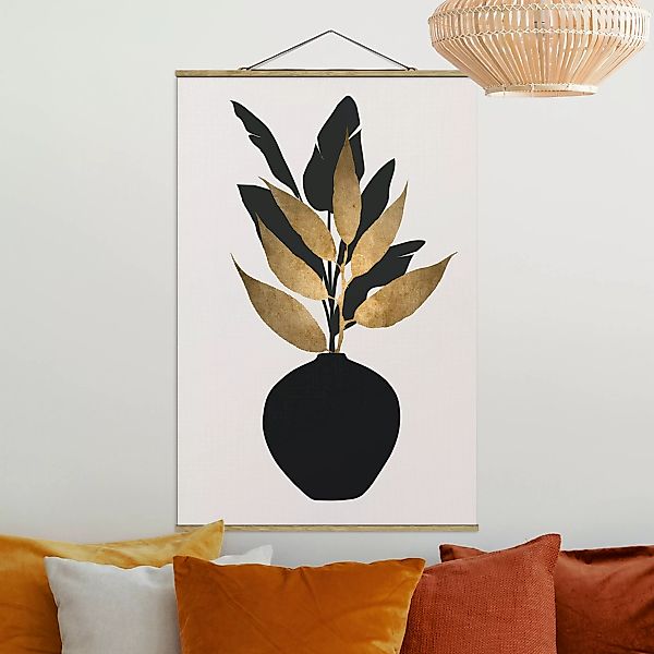 Stoffbild mit Posterleisten Grafische Pflanzenwelt - Gold und Schwarz günstig online kaufen