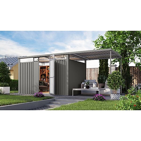 Karibu Metallgerätehaus Amato 3 m. Anbaudach Graualuminium 218 x 342 x 231 günstig online kaufen