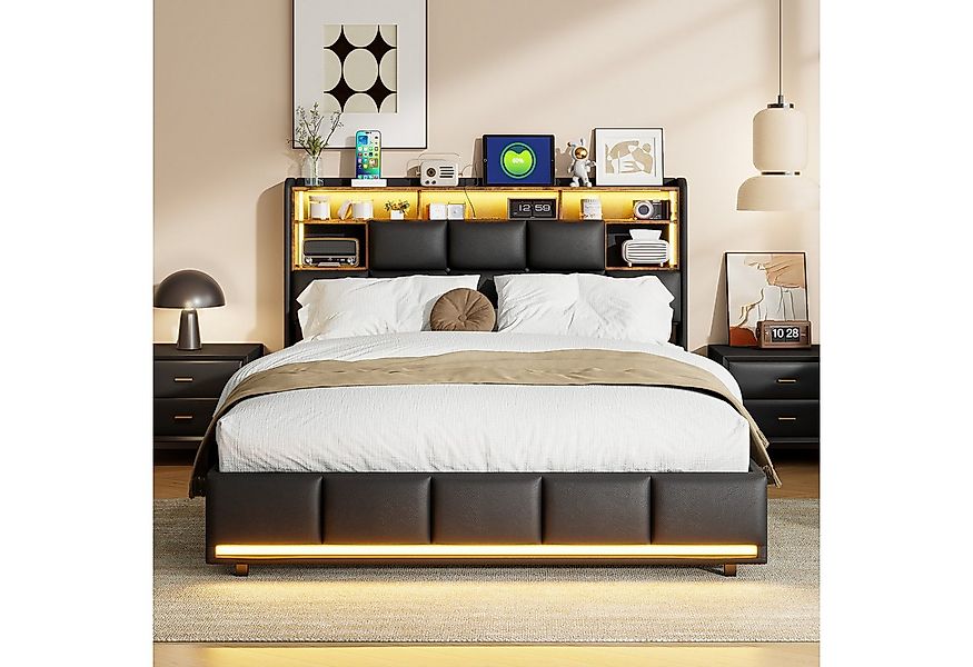 PXloue Polsterbett Modernes Bett mit LED-Beleuchtung und Regal (Hydraulisch günstig online kaufen